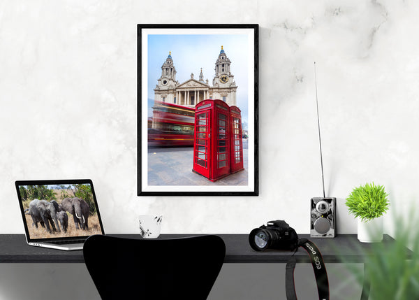 London St Paul Print with the Red Bus and Phone Booth