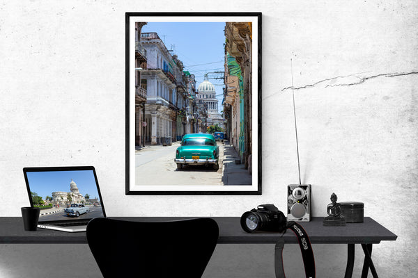 Cuba Havana Print with Vintage Car Facing the El Capitolio