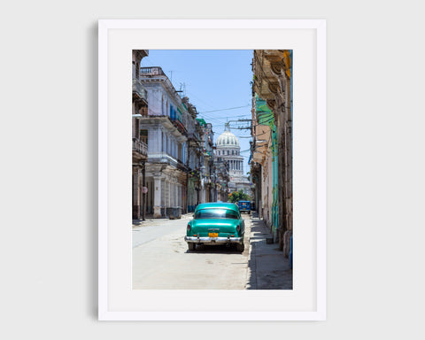 Cuba Havana Print with Vintage Car Facing the El Capitolio - Framed