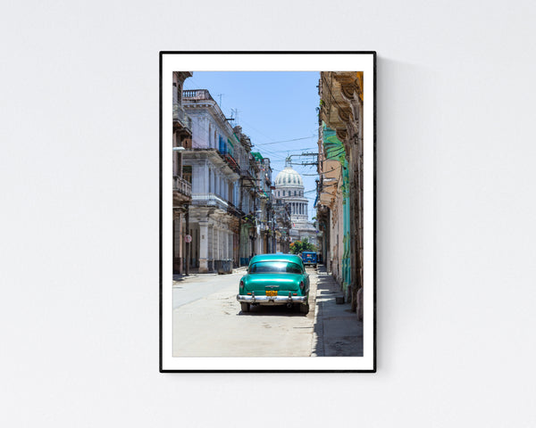 Cuba Havana Print with Vintage Car Facing the El Capitolio