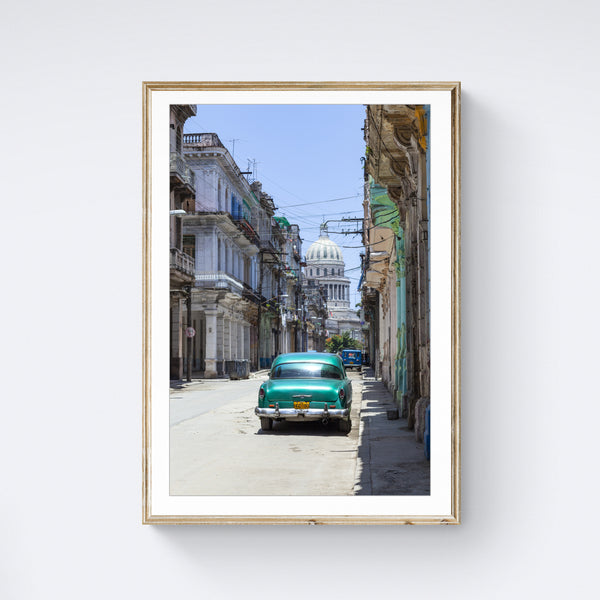 Cuba Havana Print with Vintage Car Facing the El Capitolio