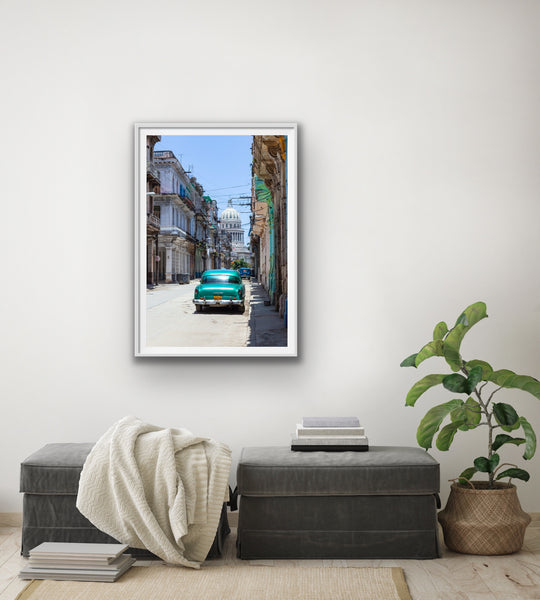 Cuba Havana Print with Vintage Car Facing the El Capitolio