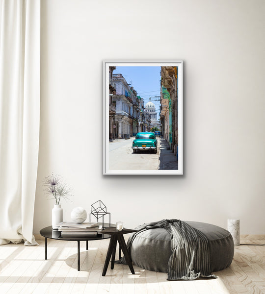 Cuba Havana Print with Vintage Car Facing the El Capitolio - hanging in living room