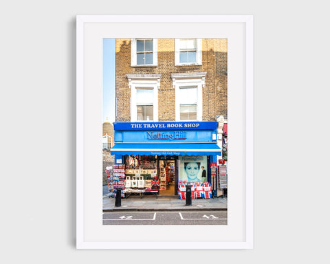 Lovely London print great for your home decor, London Gallery Wall.  Photo of The Travel Book Shop in Notting Hill London.