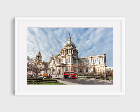 London Print, St Paul Cathedral with the Double Decker Red Bus