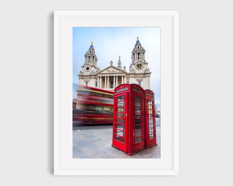 London St Paul Print with the Red Bus and Phone Booth - Framed