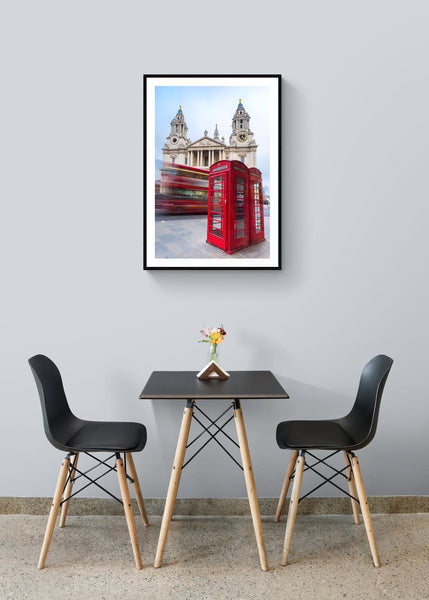 London St Paul Print with the Red Bus and Phone Booth