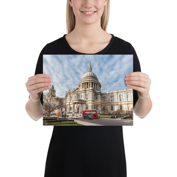 London Print, St Paul Cathedral with the Double Decker Red Bus