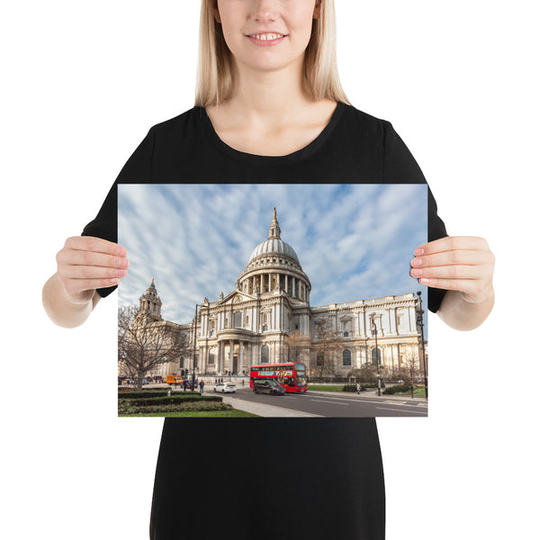 London Print, St Paul Cathedral with the Double Decker Red Bus