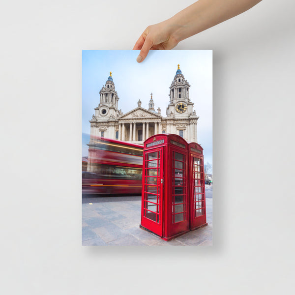 London St Paul Print with the Red Bus and Phone Booth