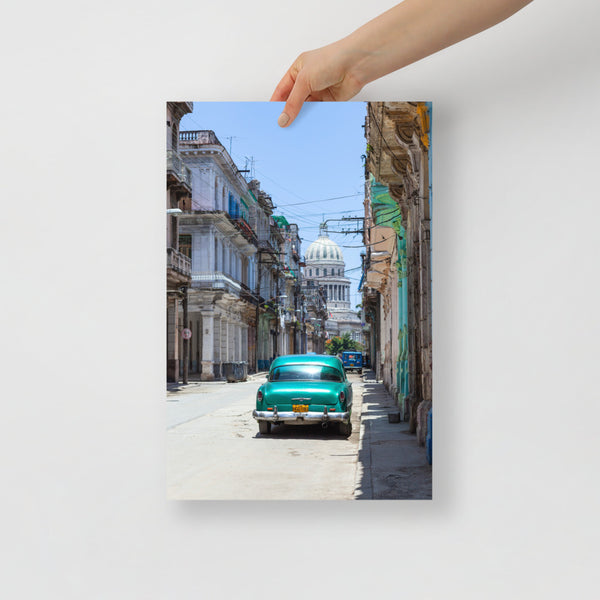 Cuba Havana Print with Vintage Car Facing the El Capitolio