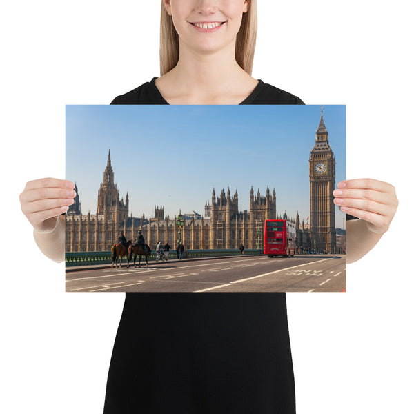 London Print, Big Ben, Red Bus and the Police Horses