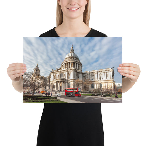 London Print, St Paul Cathedral with the Double Decker Red Bus