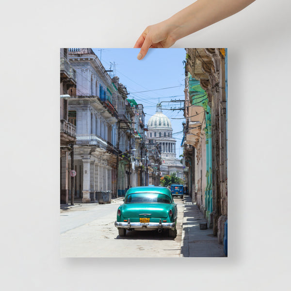 Cuba Havana Print with Vintage Car Facing the El Capitolio