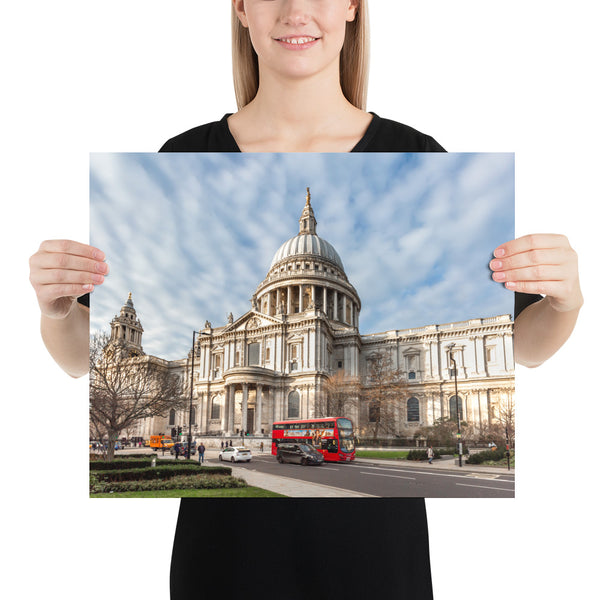 London Print, St Paul Cathedral with the Double Decker Red Bus