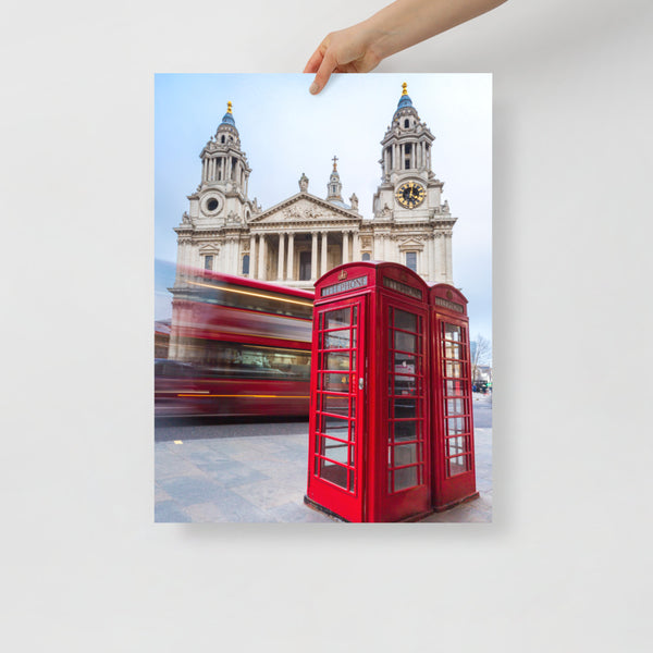 London St Paul Print with the Red Bus and Phone Booth