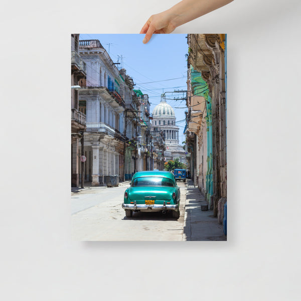 Cuba Havana Print with Vintage Car Facing the El Capitolio