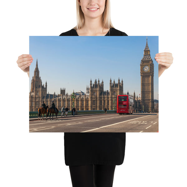 London Print, Big Ben, Red Bus and the Police Horses