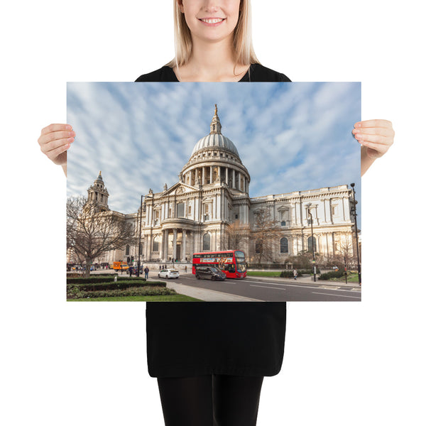 London Print, St Paul Cathedral with the Double Decker Red Bus