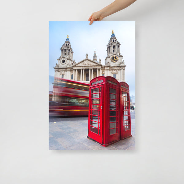 London St Paul Print with the Red Bus and Phone Booth