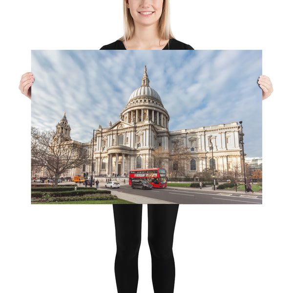 London Print, St Paul Cathedral with the Double Decker Red Bus