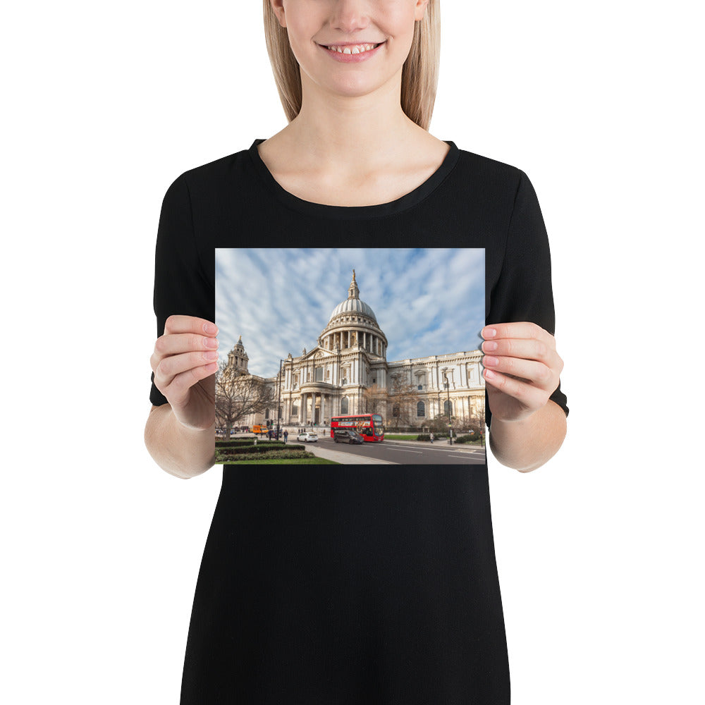 London Print, St Paul Cathedral with the Double Decker Red Bus